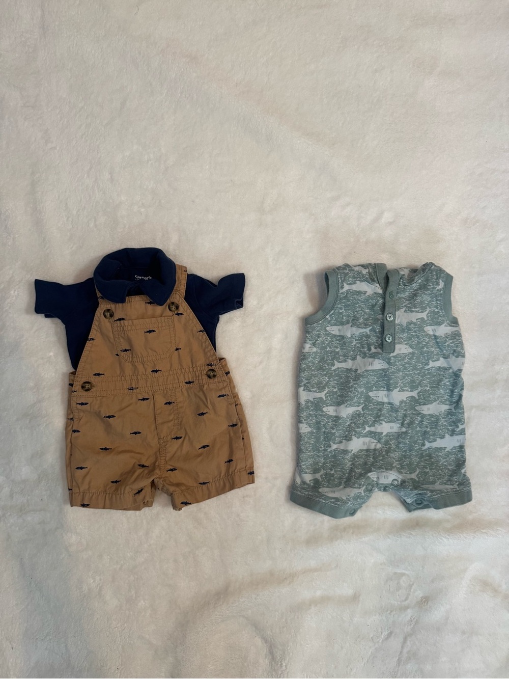 Carter's Navy Polo & Tan Overall Short Set with Seafoam Shark Romper